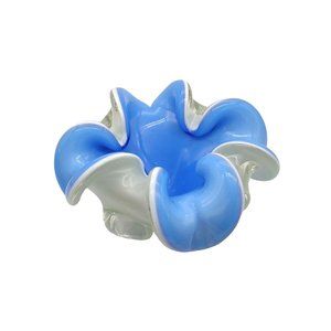 Murano Art Glass Flower Blue Bowl White Cased Clear 6.5 Inches Wide 3 Inches Tal